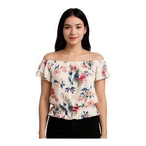 American Eagle Off the Shoulder Floral Crop Top~Size Sm~White Pink Blouse L9 12